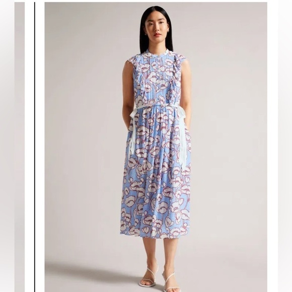 TED BAKER Tindraa Floral Frill Midi Dress Size 5 US 12 Ruffle Feminine Coquette - Picture 1 of 16